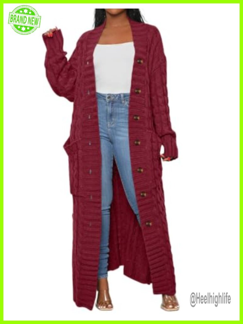 Cable Knit Chunky Floor Length Maxi Cardigan Button Two Pockets